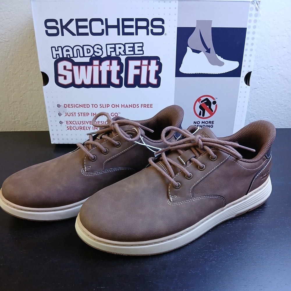 Skechers Hands Free Swift Fit Mens Brown Slip On Oxford Sneakers Shoes NEW